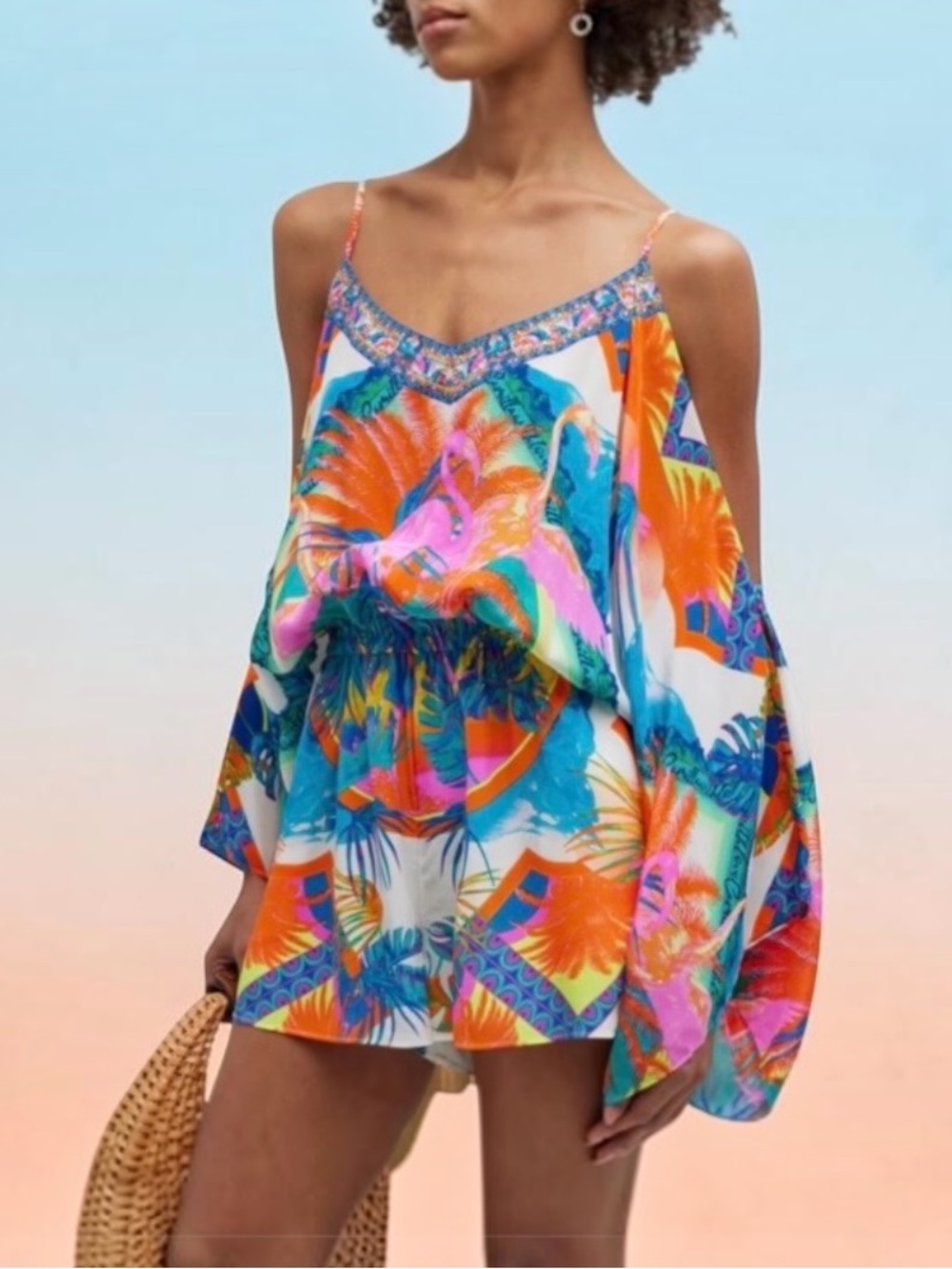 New! CAMILLA Flamenco Flamingo
Drop-Shoulder Playsuit Size Small